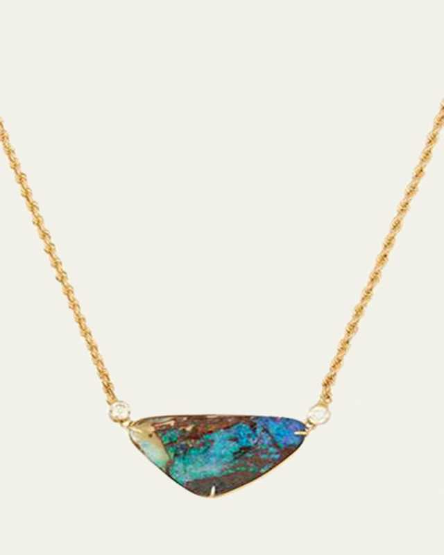 18K Gold Opal and Two Diamond Pendant on Rope Chain Necklace